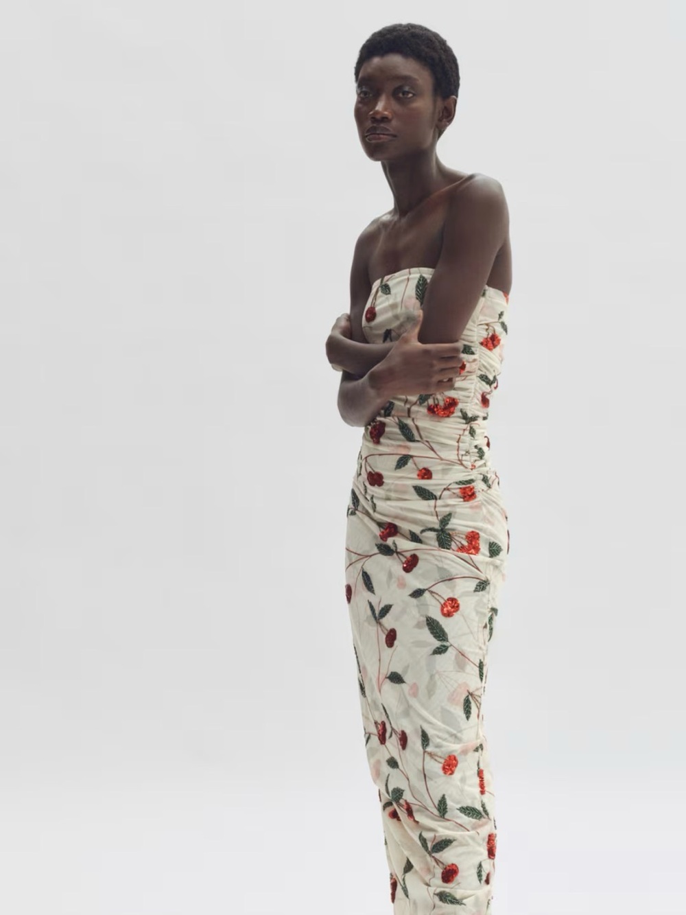 Strapless White Floral Ruched Cherry Maxi Dress